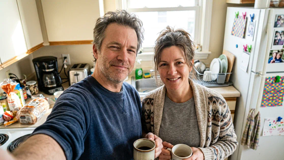 Mark D. with his wife in a sunny kitchen