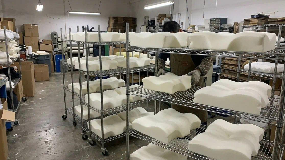 Rows of foam pillow cores cooling on racks in a small workshop