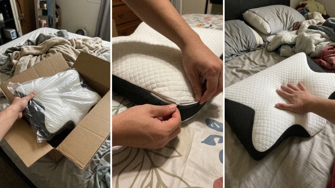Customer unboxing snapshots of the Morrow pillow with five-star ratings